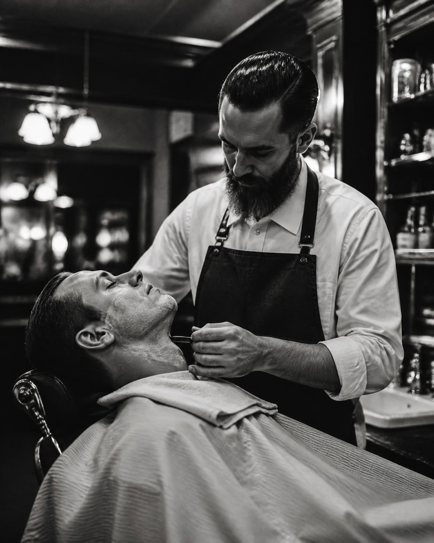 A barber at Ashgrove & Son finishing a straight razor shave