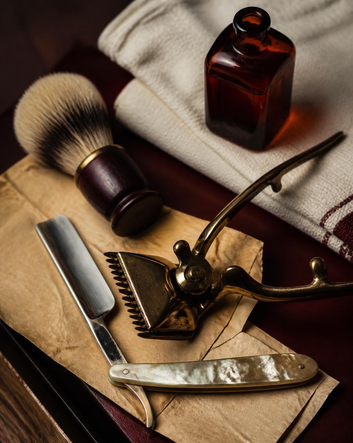 Straight razor, brass clippers and badger brush on aged paper